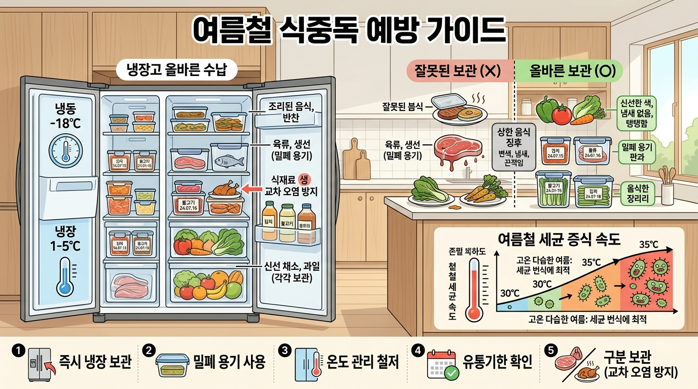 투명 밀폐용기에 소분하여 냉장고에 깔끔하게 보관된 여름철 음식들, 식중독 예방을 위한 올바른 음식 보관법 가이드