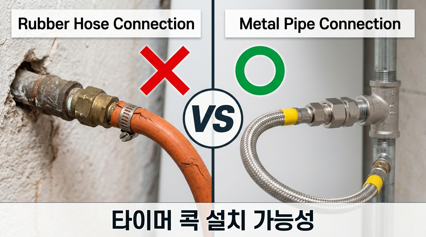 타이머콕 설치 금속배관 고무호스 비교