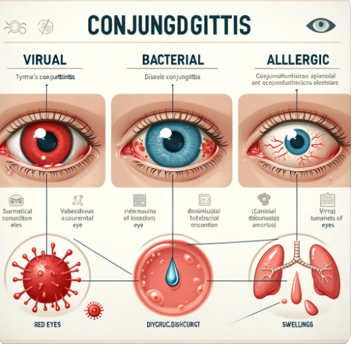 결막염 유형별 비교 인포그래픽 (바이러스성&amp;#44; 세균성&amp;#44; 알레르기성) 