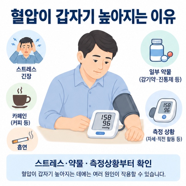 혈압이 갑자기 높아지는 이유와 혈압계 스트레스 카페인 약물을 함께 보여주는 교육용 이미지