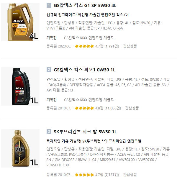 국산엔진오일순위