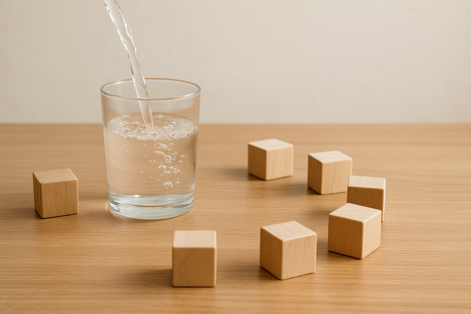 깨끗한 유리잔에 물이 부어지고 있는 장면으로, 6개의 나무 블록이 테이블 위에 배열되어 있어 하루 6번의 물 섭취 타이밍을 상징적으로 표현한다.