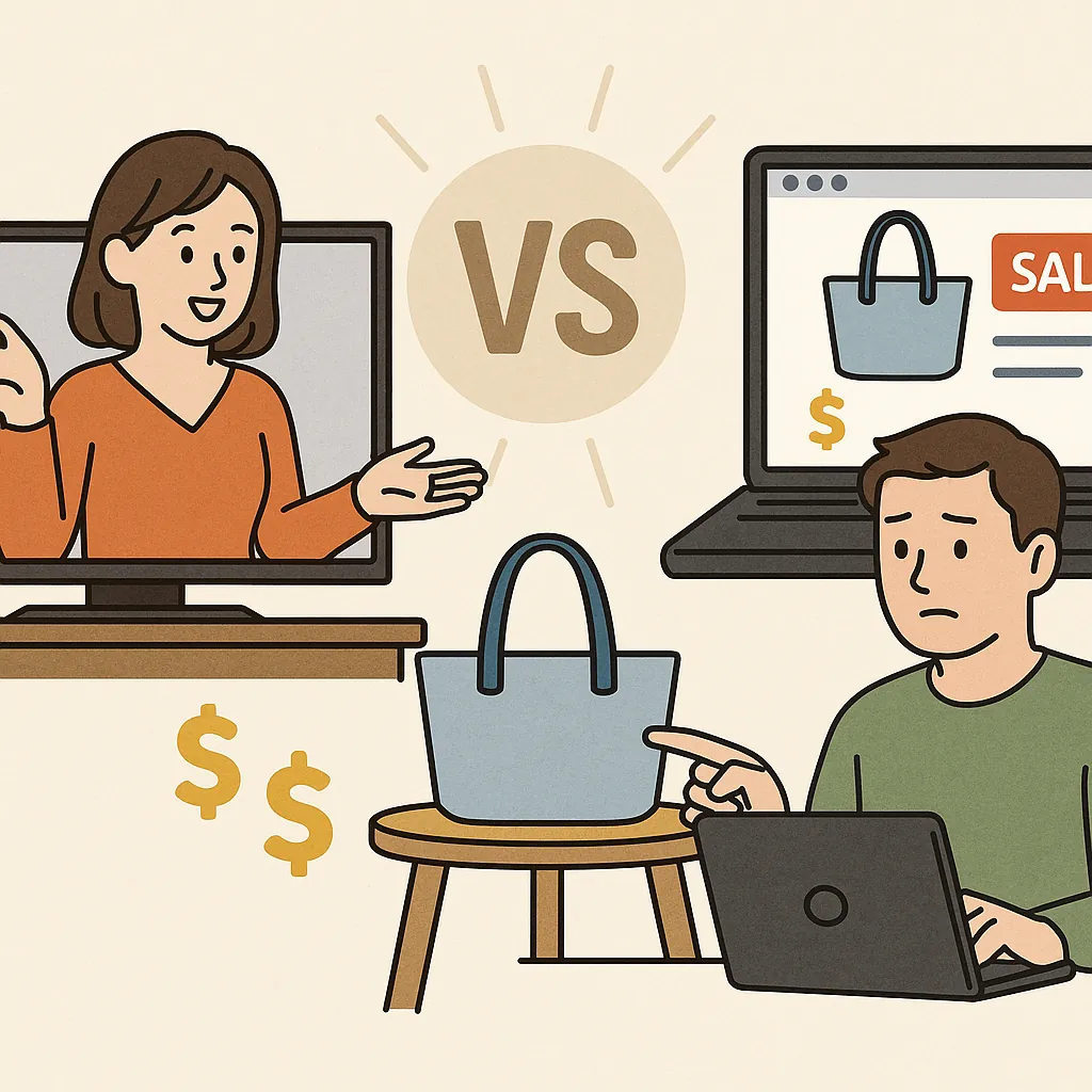 홈쇼핑과-온라인몰에서-같은-가방을-비교-구매하는-장면의-일러스트