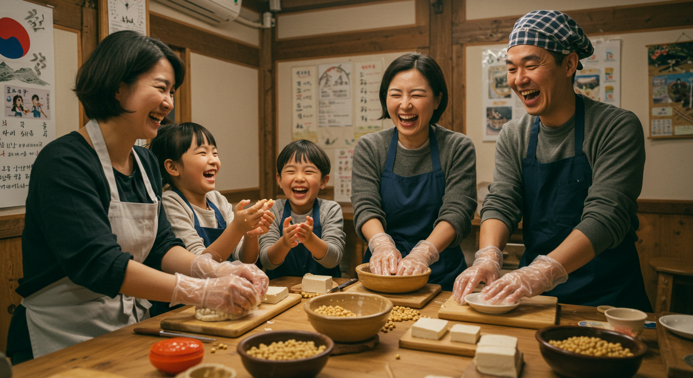 강릉 초당두부 만들기 클래스에서 두부를 만드는 한국인 가족.