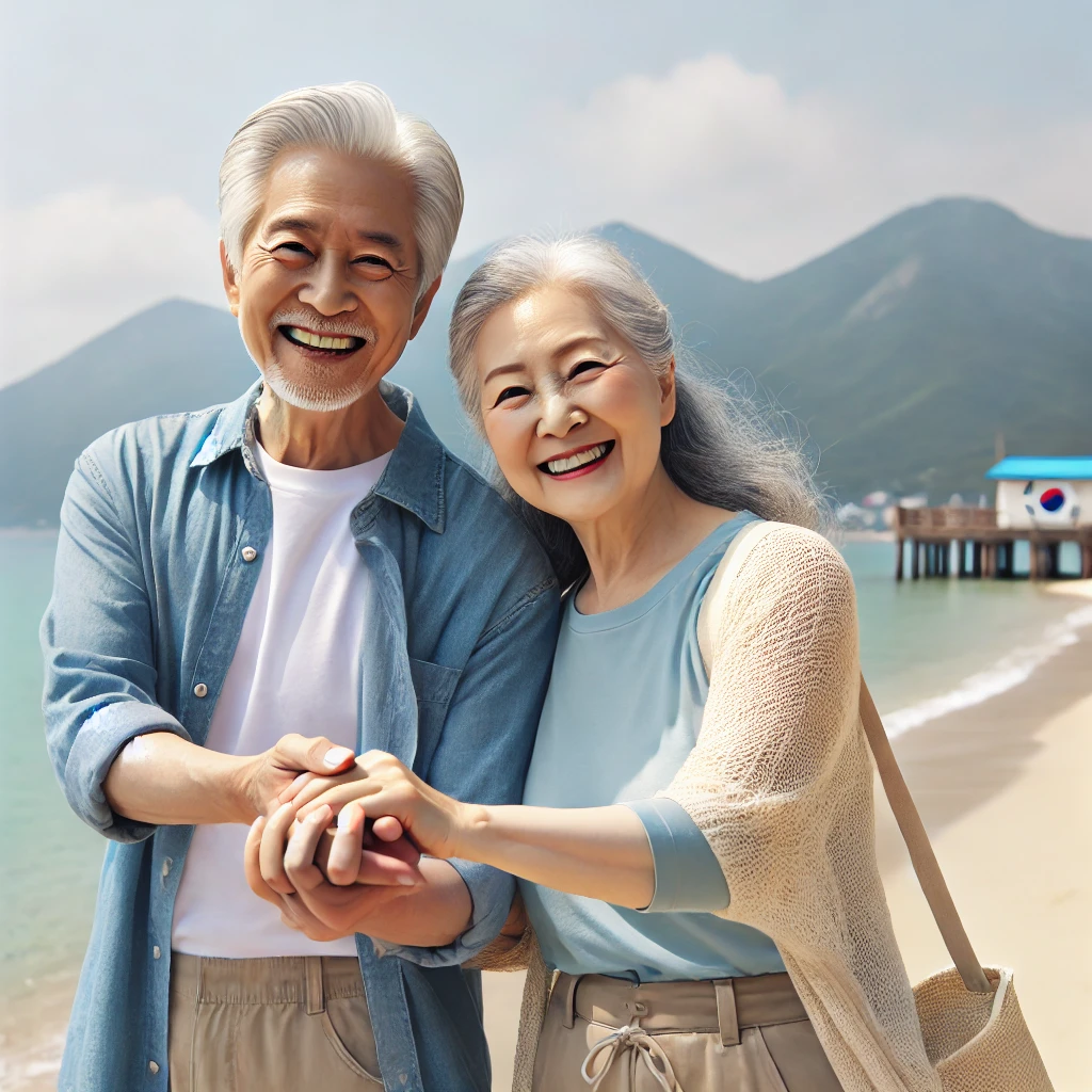 휴가 중인 노년의 한국인 부부가 한국 해변에서 손을 잡고 즐거운 시간을 보내고 있다.