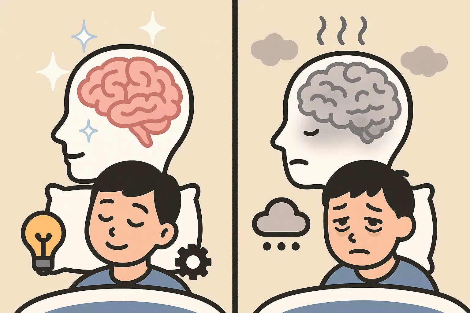 수면 중 뇌에서 노폐물(아밀로이드 베타)이 청소되는 장면을 단순화한 삽화, 한쪽은 숙면 후 깨끗한 뇌, 다른 쪽은 수면 부족으로 뿌옇고 피로한 뇌