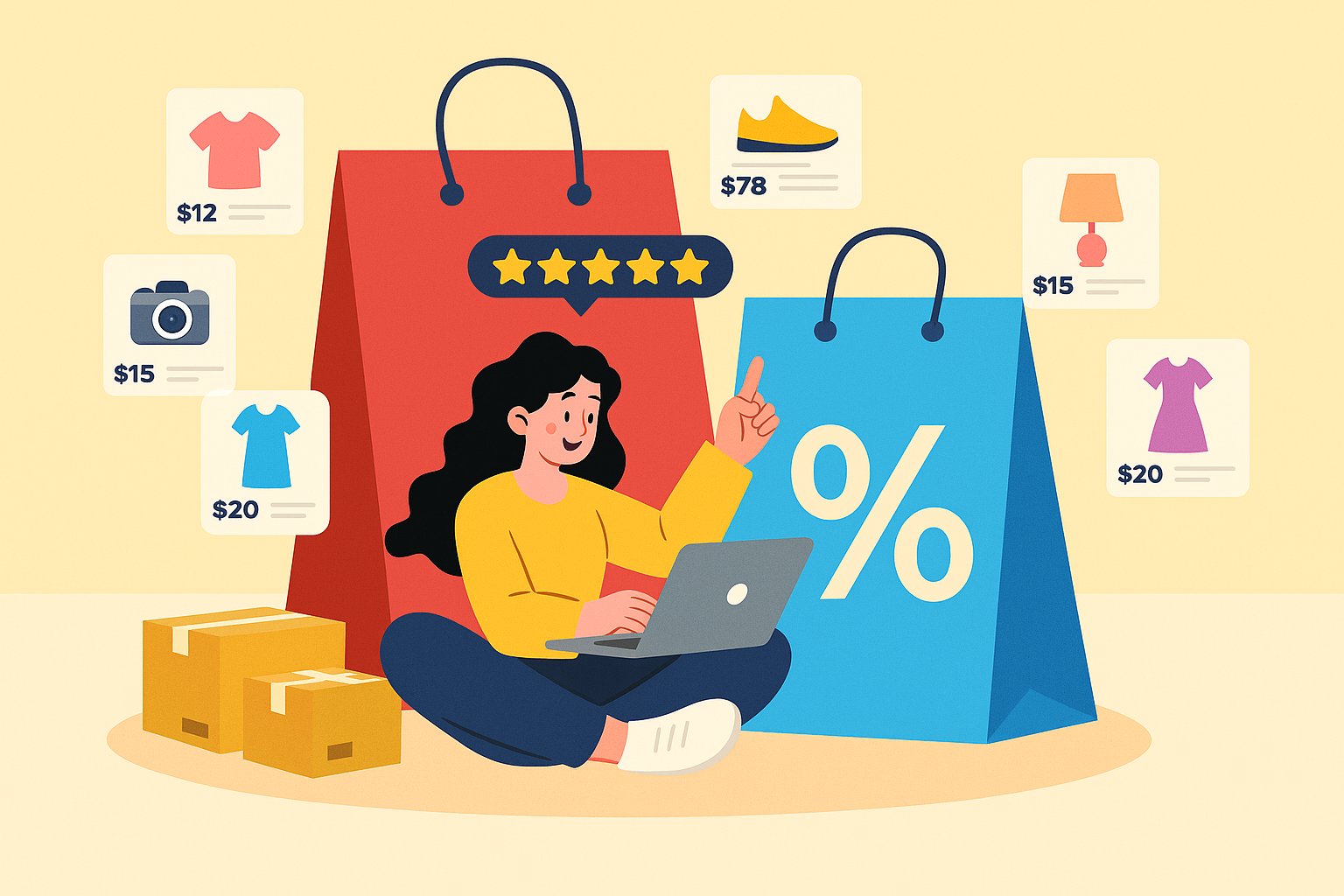 쇼핑백 앞에서 노트북을 들고 있는 여성과 주변에 떠 있는 다양한 가격의 상품 이미지
