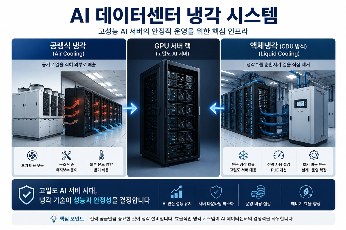 AI 데이터센터 냉각 시스템을 비교한 인포그래픽으로 공랭식 냉각과 액체냉각(CDU 방식)의 차이, GPU 서버 랙 구조, 냉각 효율과 운영 특징을 한눈에 설명한 이미지