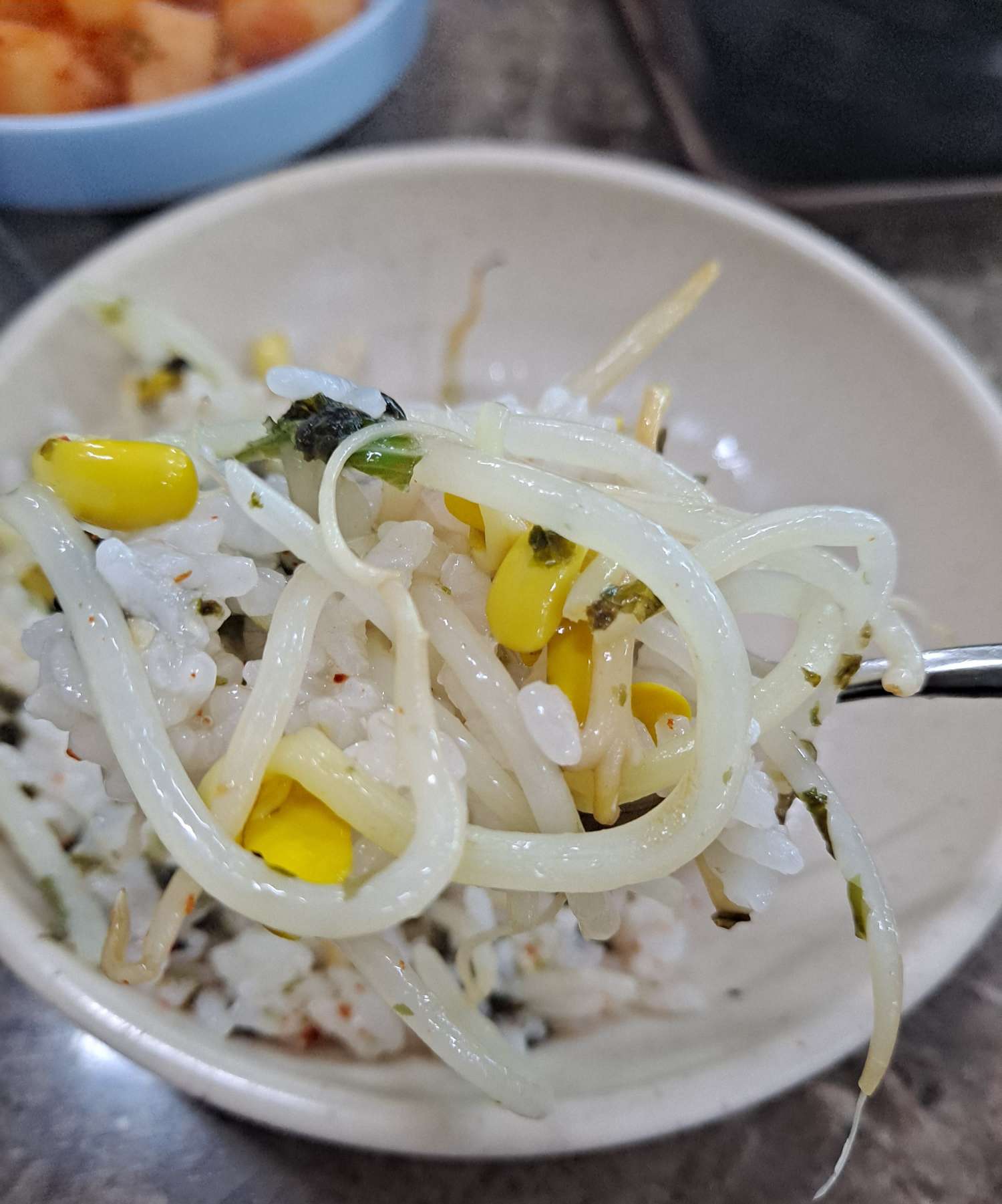 해장국밥 앞접시 들어먹다