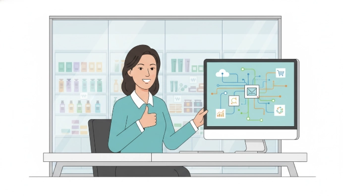 디지털 도구를 활용하여 온라인 판매를 늘리고 있는 한국 소상공인 여성