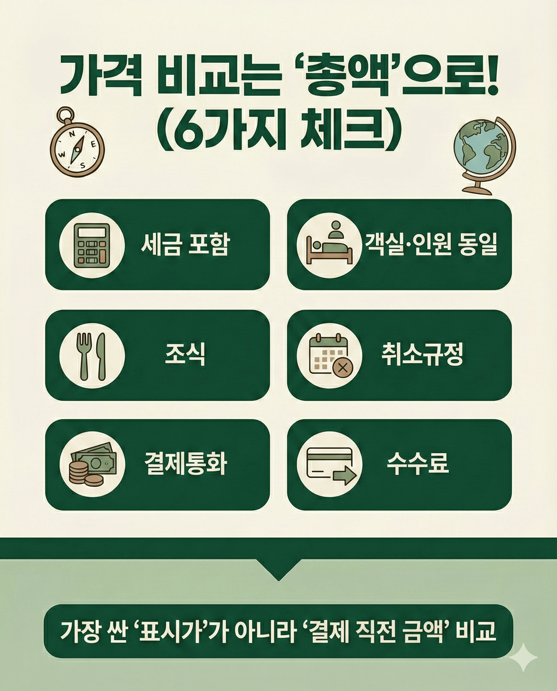 Checklist card for comparing Trip.com vs Agoda vs Booking.com prices using total cost and cancellation terms
