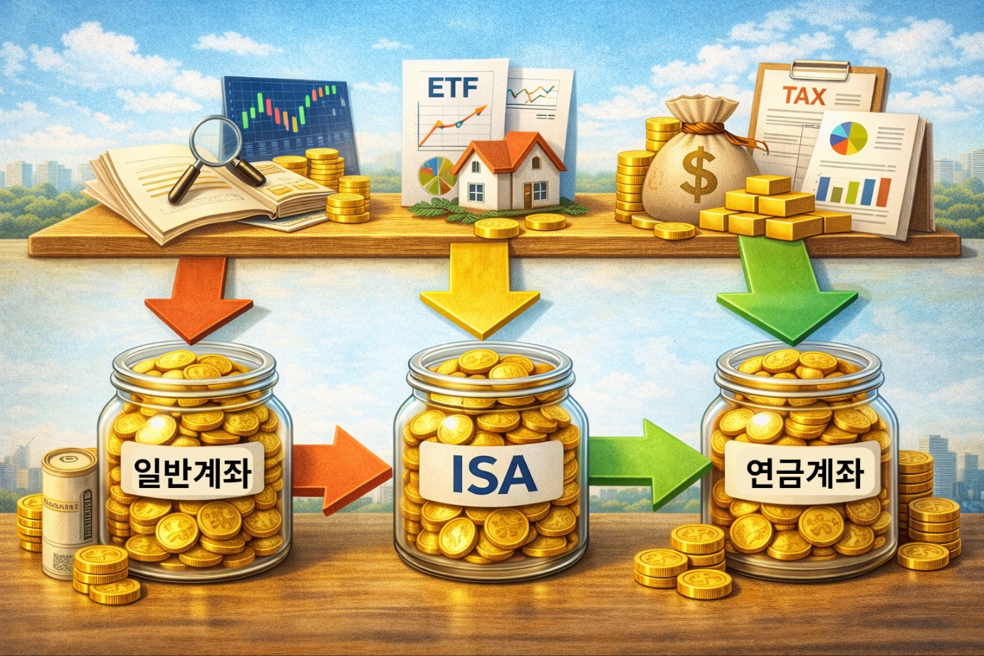 일반계좌에서 ISA를 거쳐 연금계좌로 자금을 이동시키는 단계별 절세 자금 배치 흐름을 보여주는 계좌 이동 전략 다이어그램