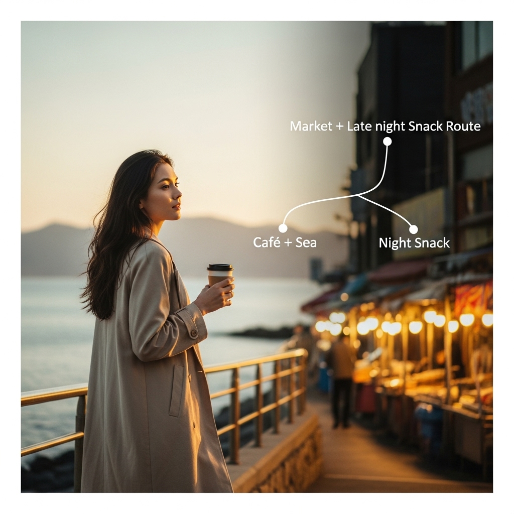 카페거리 동선: 바다&middot;시장&middot;야식 루트