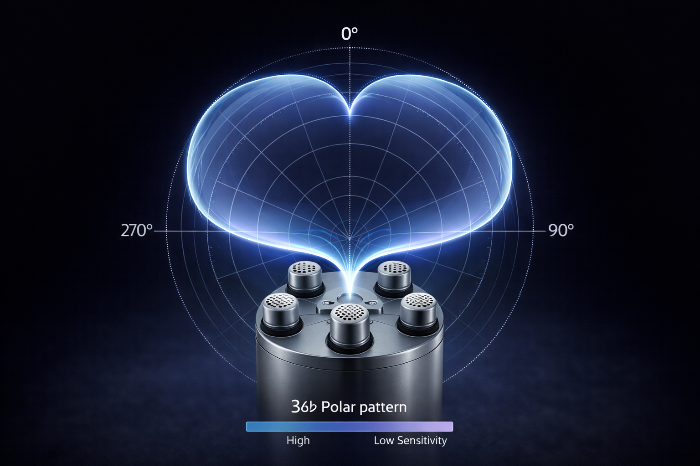 빔포밍 알고리즘을 통해 형성된 특정 방향의 감도 극대화 및 주변부 노이즈 널(Null) 포인트 형성 도식