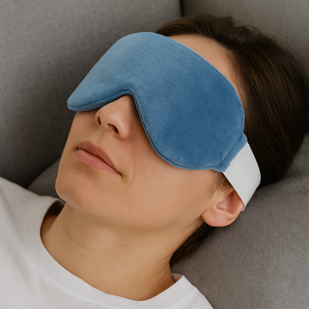 눈-보호를-위해-온찜질-안대를-하고-누워있는-여성