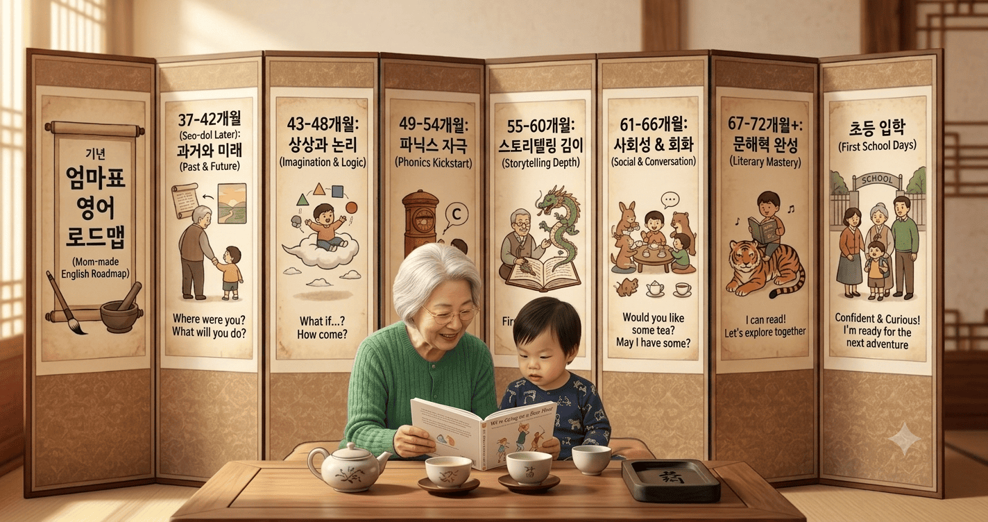 37개월~7세 엄마표 영어 로드맵 병풍이미지. 할머니와 손주가 다정하게 책읽는 모습