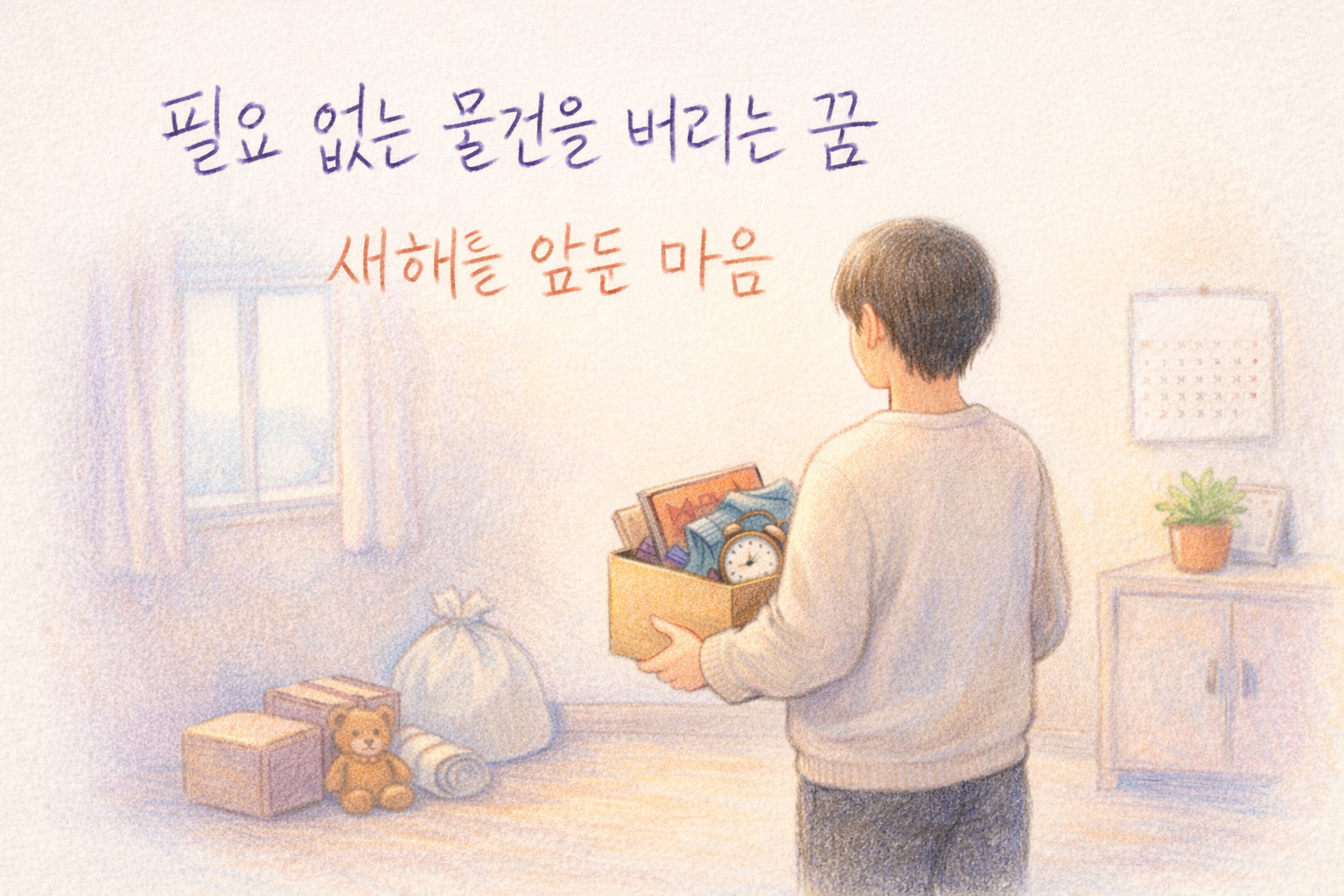 연말에 방에서 상자를 들고 물건을 정리하는 장면을 색연필로 그린 따뜻한 꿈해몽 일러스트