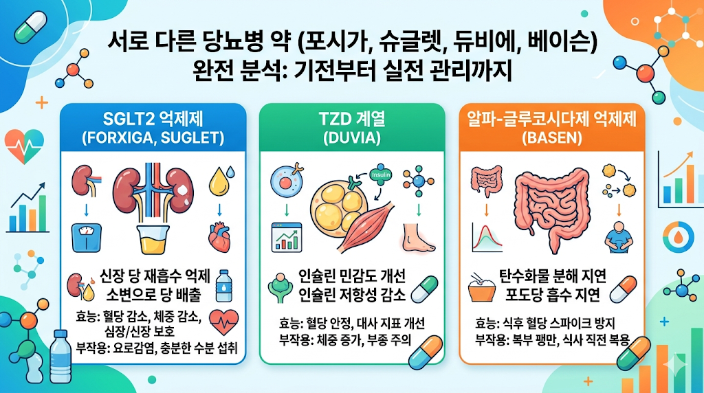 당뇨병 약제별 기전 비교분석, 포시가, 슈글렛, 듀비에, 베이슨의 효능, 부작용, 복용법