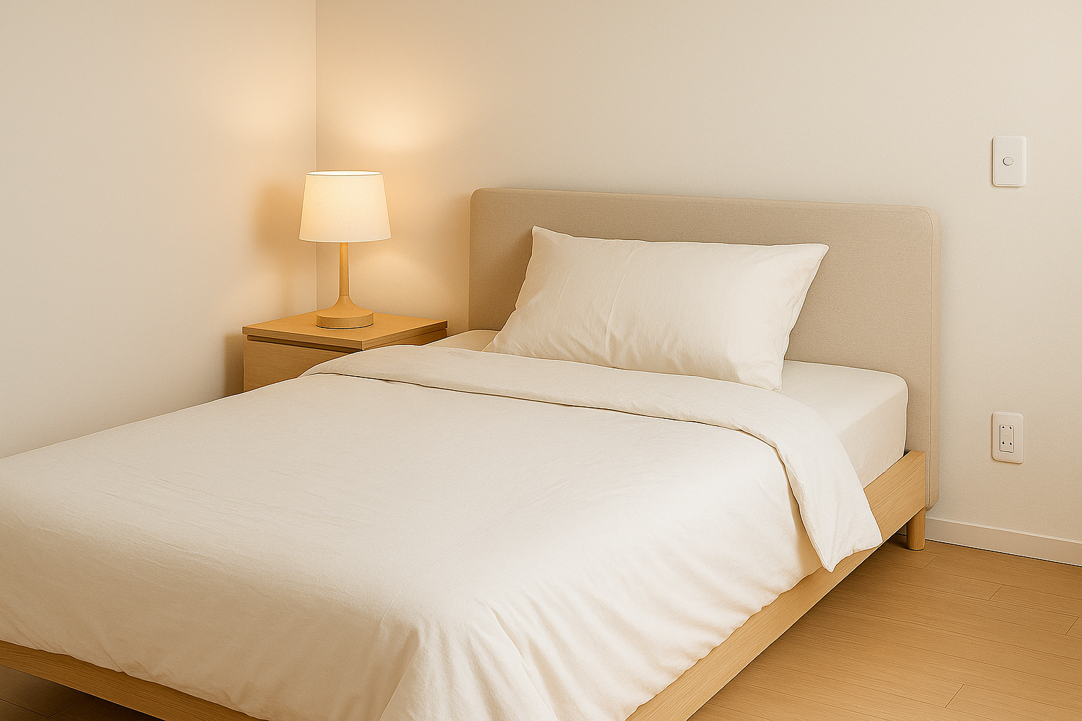 침대 주변 동선이 확보되고 조명이 가까이 배치된 안전한 침실