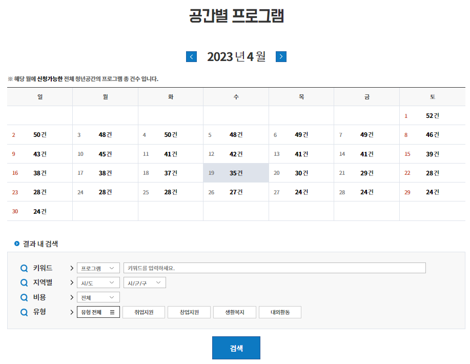 월별, 일자별로 신청 가능한 전체 청년공간 프로그램을 볼 수 있습니다.