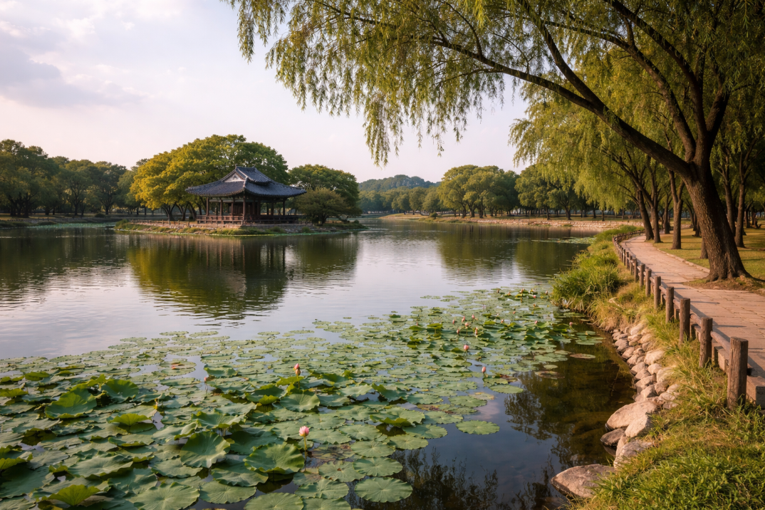 부여 궁남지의 잔잔한 연못과 나무가 이어진 산책길