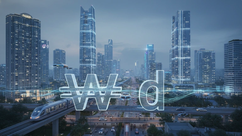 2026년 한국 부동산 규제를 피해 베트남 부동산으로 향하는 투자 흐름을 시각화한 이미지. 호치민의 현대적인 스카이라인과 원화에서 베트남 동으로 변하는 자본 흐름을 상징하는 요소가 조화롭게 표현되어 있습니다.