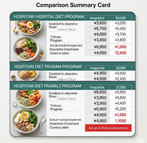 병원 다이어트 프로그램 구성과 비용, 실손보험 적용 여부를 비교한 요약 카드 이미지