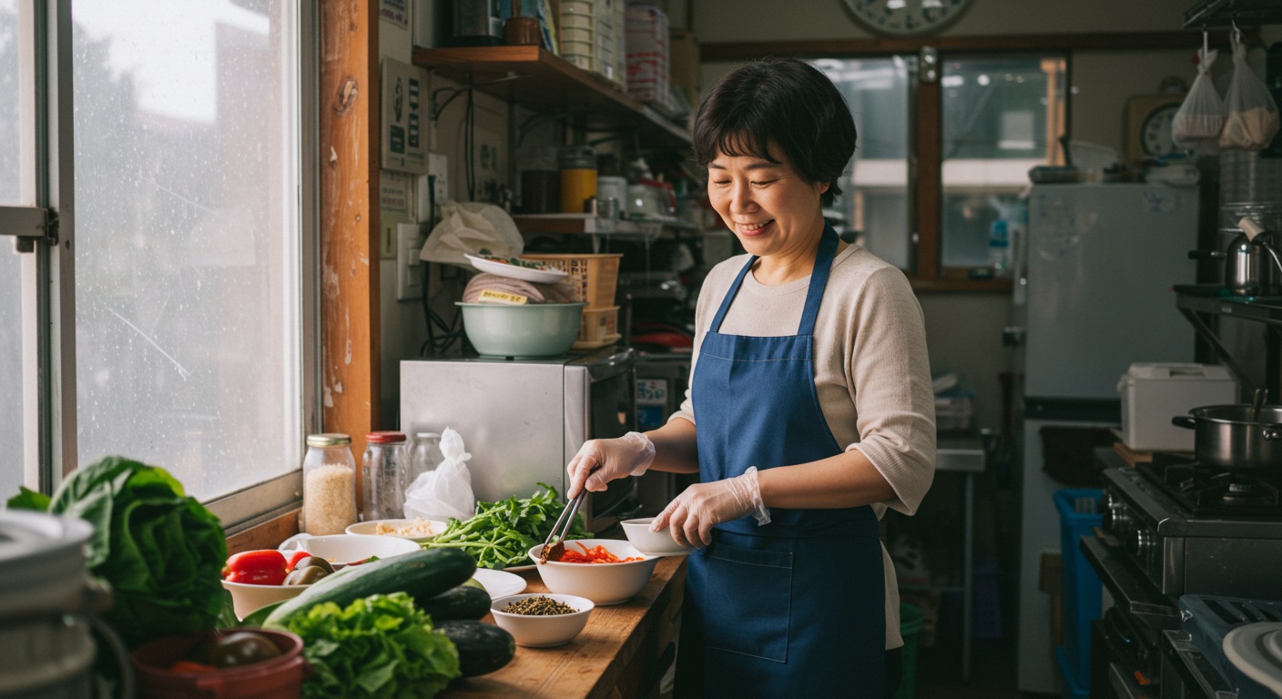 건강한 식사를 하며 행복한 표정을 짓고 있는 자영업자의 모습, 가게 주방에서 간단한 식사를 준비하는 장면