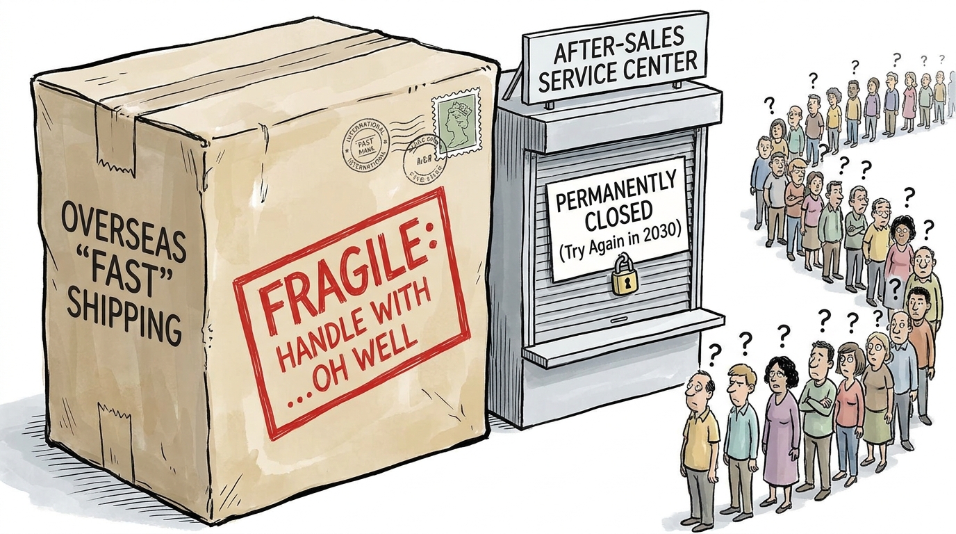 해외 직구로 구매한 전자제품의 국내 AS 불가 위험성을 경고하는 이미지