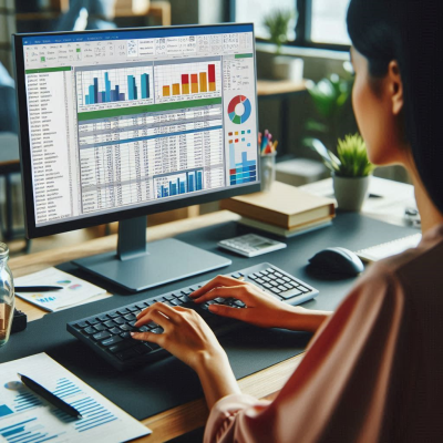 그래프와 데이터가 가득한 화면을 작업하는 모습의 사람.