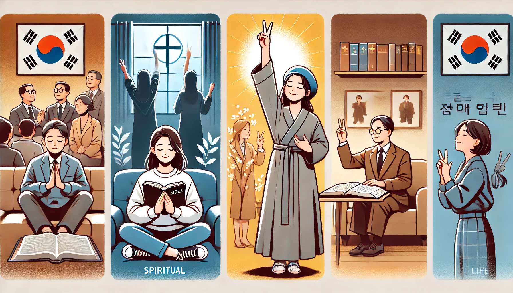 Here is the illustration showing a modern person making V-hand gestures in three different scenarios to symbolize spiritual victory and growth. The scenes include praying or meditating in a serene environment, reading a Bible or spiritual text in a cozy space, and helping someone or engaging in a charitable activity, each highlighting spiritual richness and overcoming challenges.