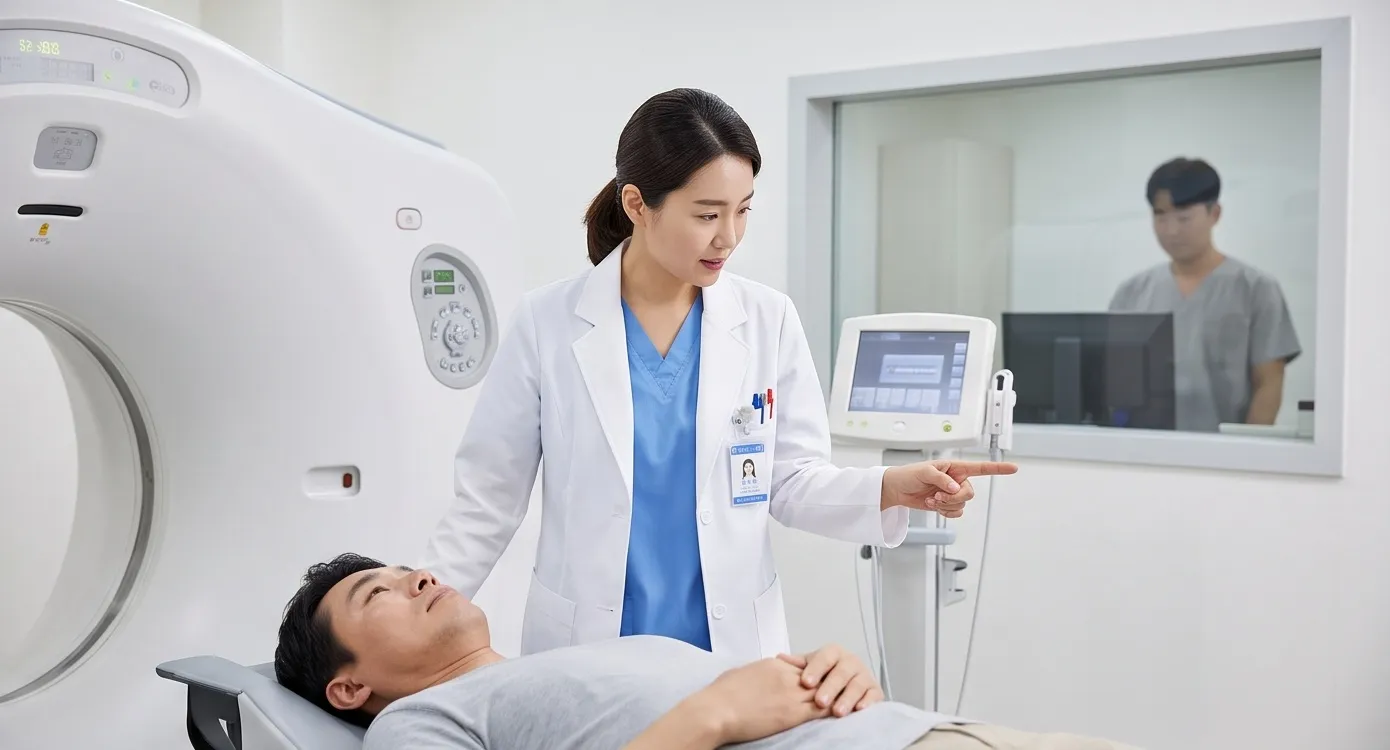 CT 검사 장비에 누워있는 환자와 검사를 안내하는 의사