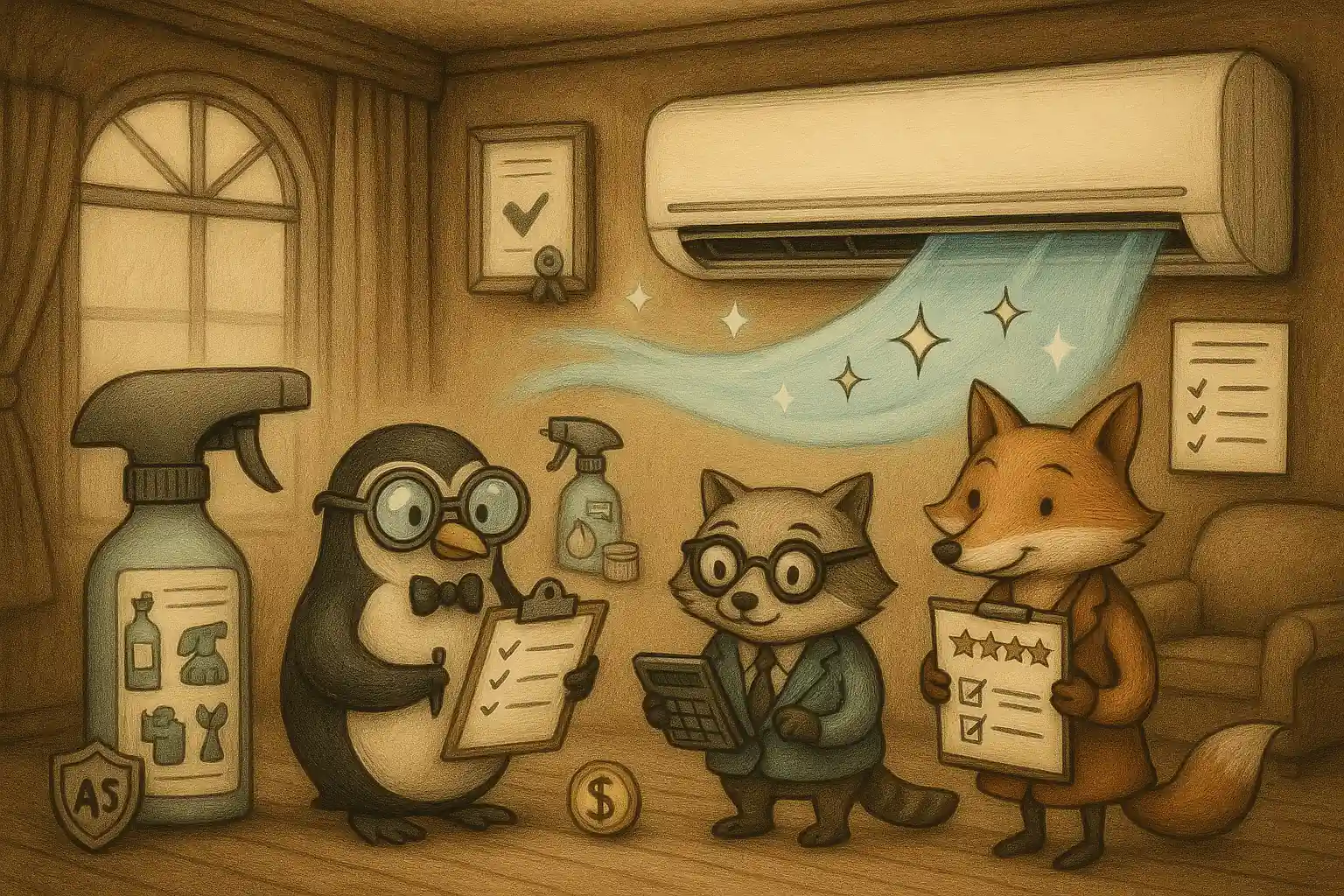 팀 버튼 스타일 거실에서 다양한 동물 캐릭터들이 에어컨 청소 업체를 비교 평가하는 감성 일러스트