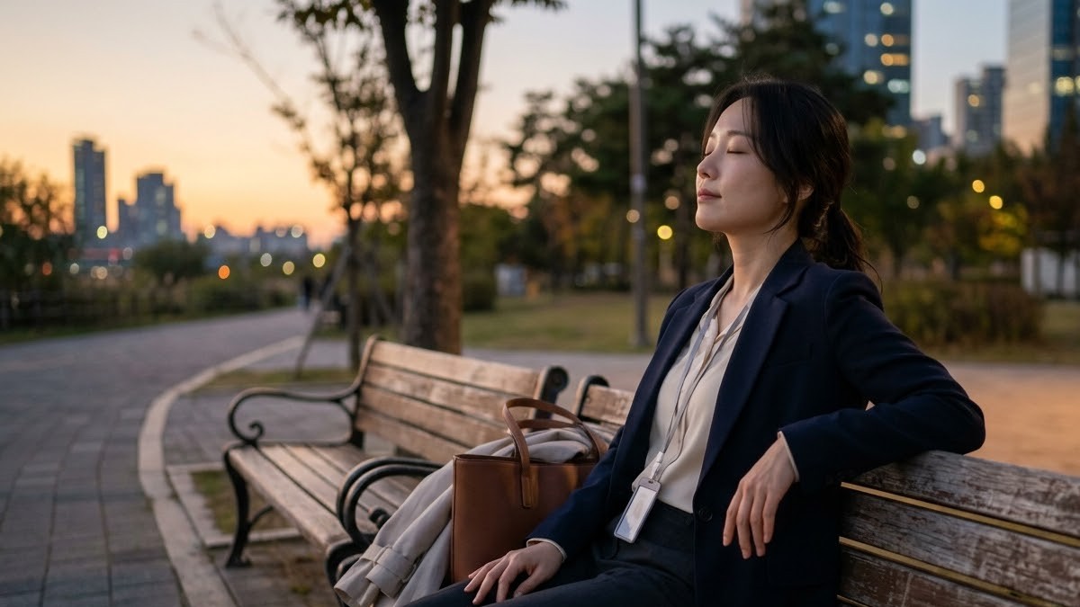 퇴근 무렵 공원 벤치에 앉아 심호흡하며 쉬는 직장인