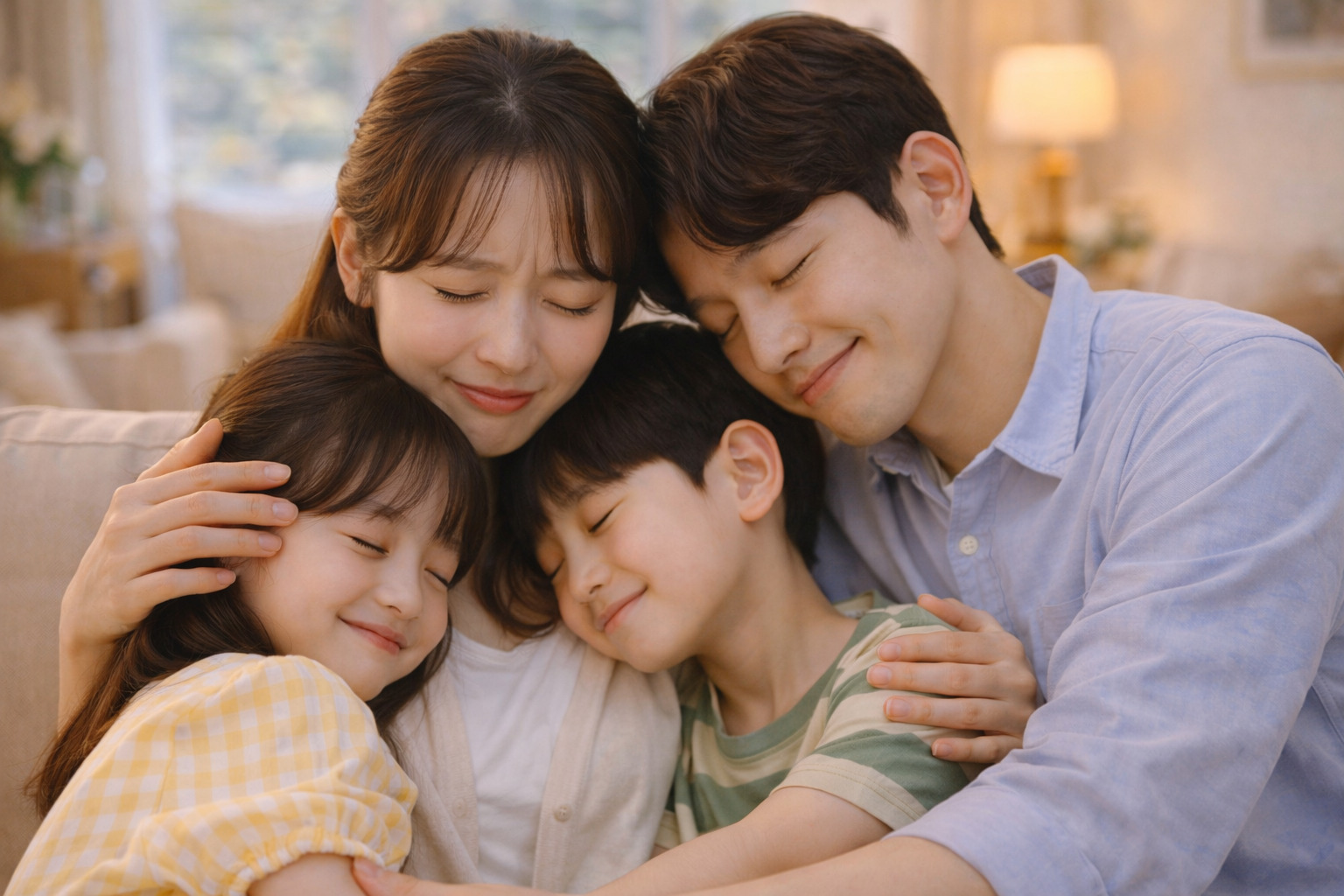 지친 엄마를 가족들이 함께 따뜻하게 안아주며 위로하는 모습