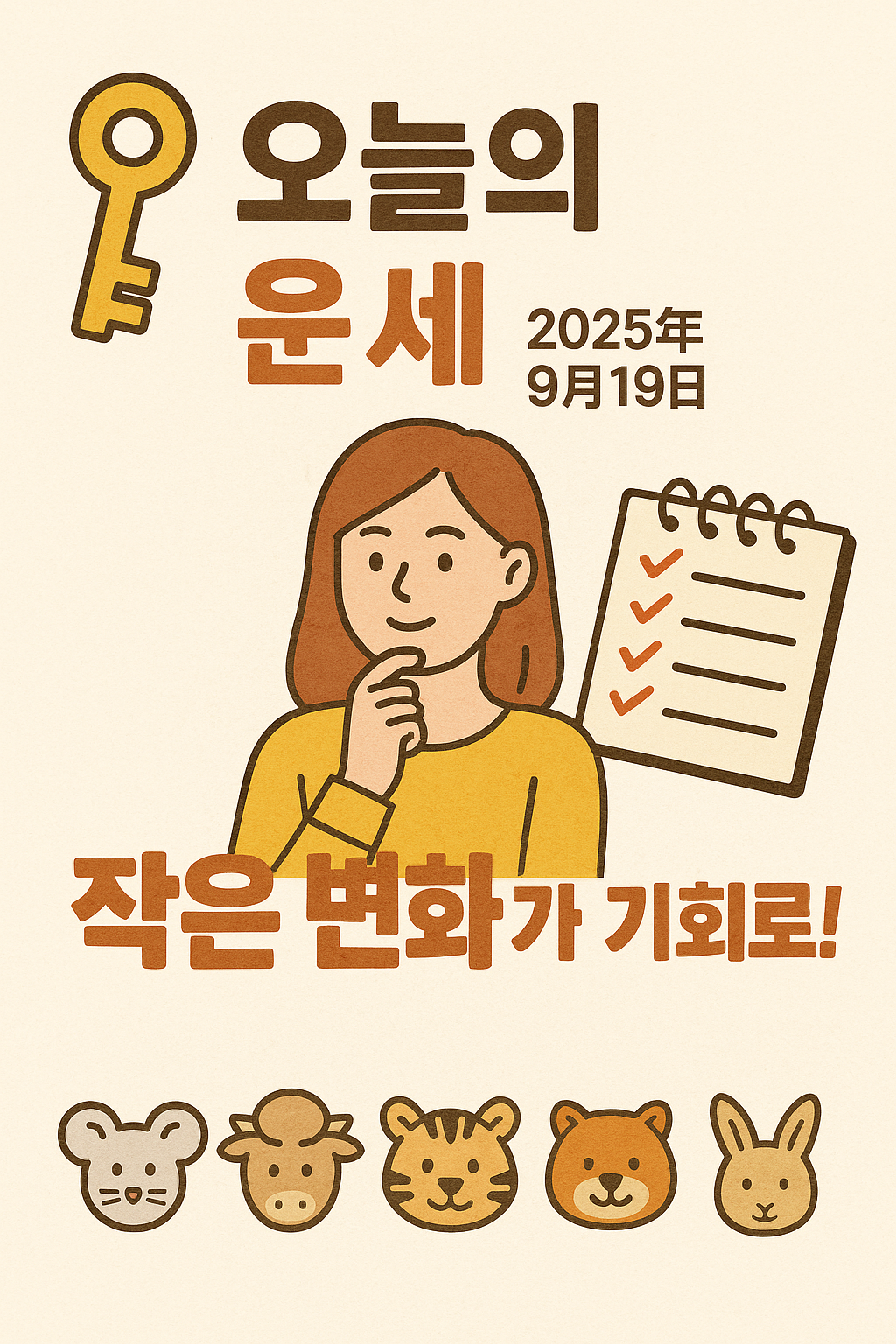 2025년 9월 19일 오늘의 운세 썸네일｜작은 변화가 기회로, 따뜻한 베이지톤 디자인과 띠별 아이콘 포함