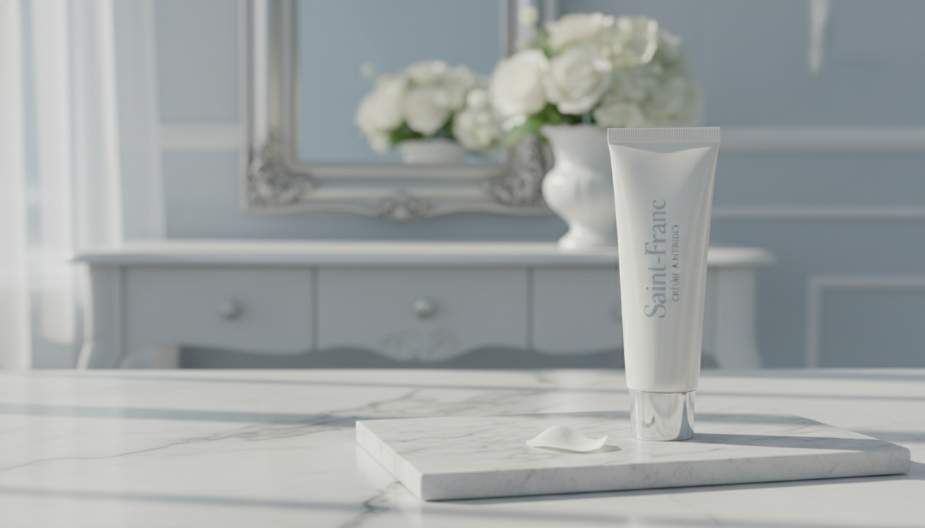 세인트프랑 링클크림 튜브가 대리석 위에 놓여 있는 고급스러운 제품 연출 이미지