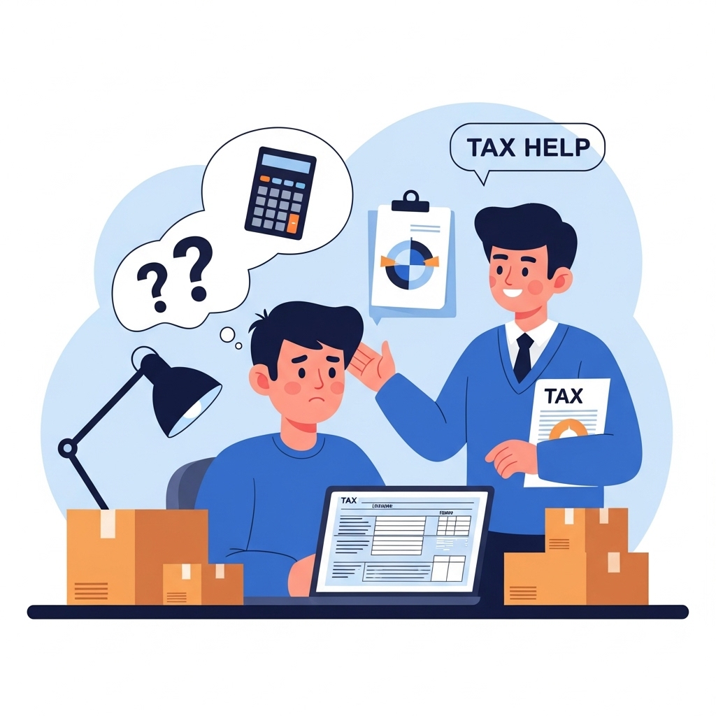 온라인 판매 초보 셀러가 복잡한 부가세 서류와 계산기를 보며 혼란스러워하는 모습과 친절하게 도움을 주는 세무 전문가의 이미지. 부가세 가이드의 이해하기 쉬운 접근 방식을 시각적으로 보여줍니다.