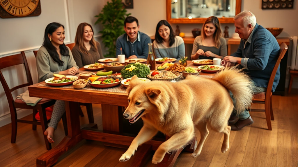 식탁주위를 행복해 하며 뛰노는 개