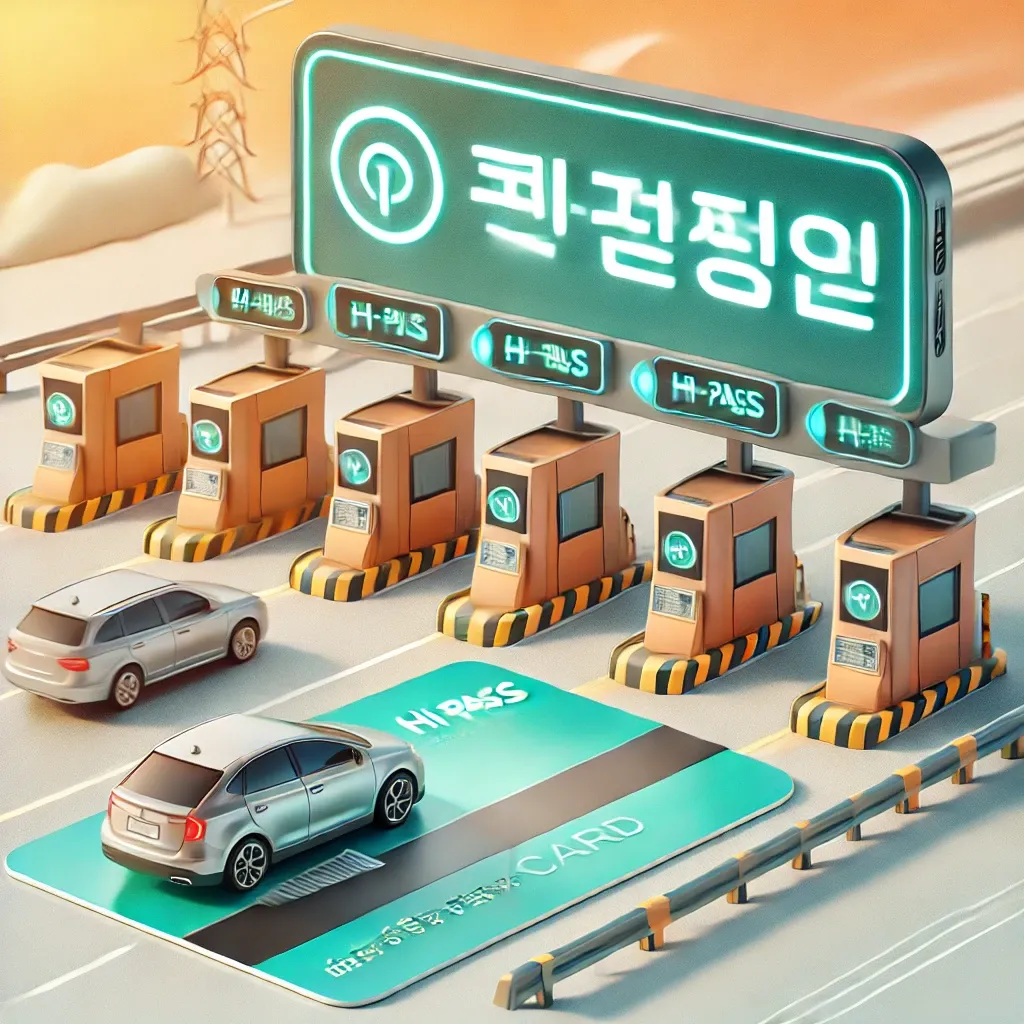 하이패스 디지털 디스플레이와 톨게이트를 통과하는 차량 이미지