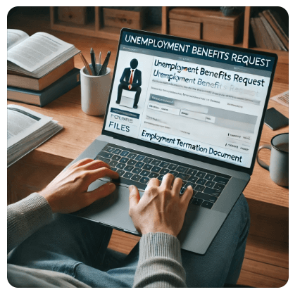 실업급여 서류를 온라인으로 제출하는 사람, 집에서 노트북을 사용해 정부 사이트에 접속하는 모습