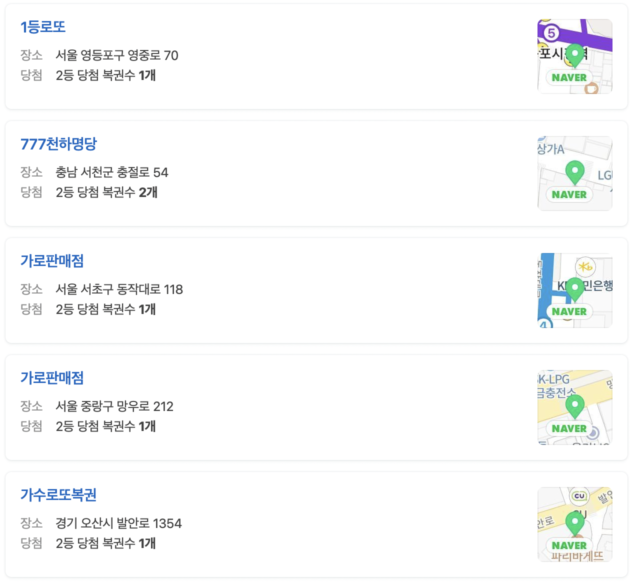 로또 1019회 2등 당첨 지역