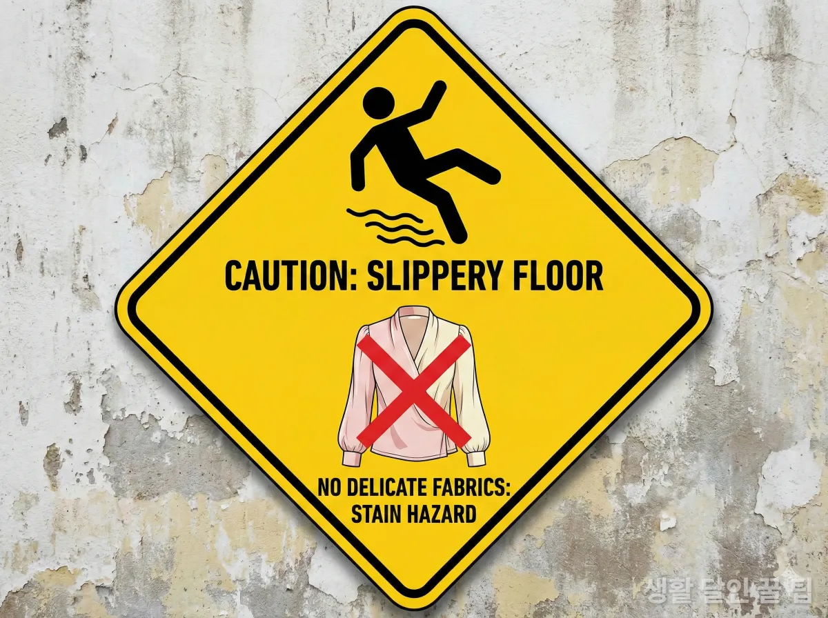 바닥 미끄러움 주의 및 고급 의류 사용 주의 경고 이미지
