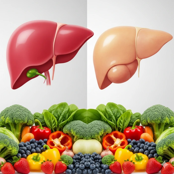왼쪽에는 건강하고 붉은 간, 오른쪽에는 창백하고 부어오른 지방간이 있으며, 앞쪽에는 신선한 채소와 과일이 놓여있는 이미지.