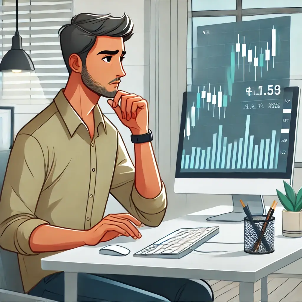 책상에서 주식 차트를 보며 고민하는 남자 일러스트