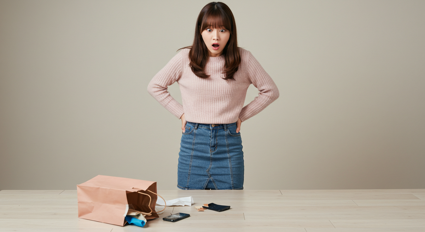 빈 가방과 깨진 스마트폰을 보고 충격받은 여성.