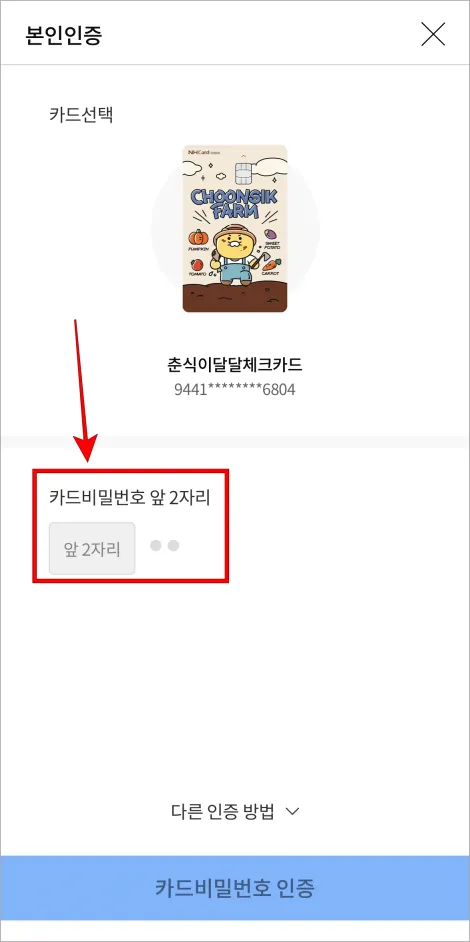 카드 비밀번호 앞 2자리를 입력하여 인증을 진행