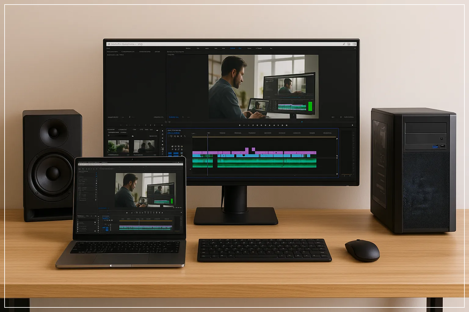 듀얼 모니터, 고성능 노트북 및 데스크탑이 구성된 전문가용 컴퓨터