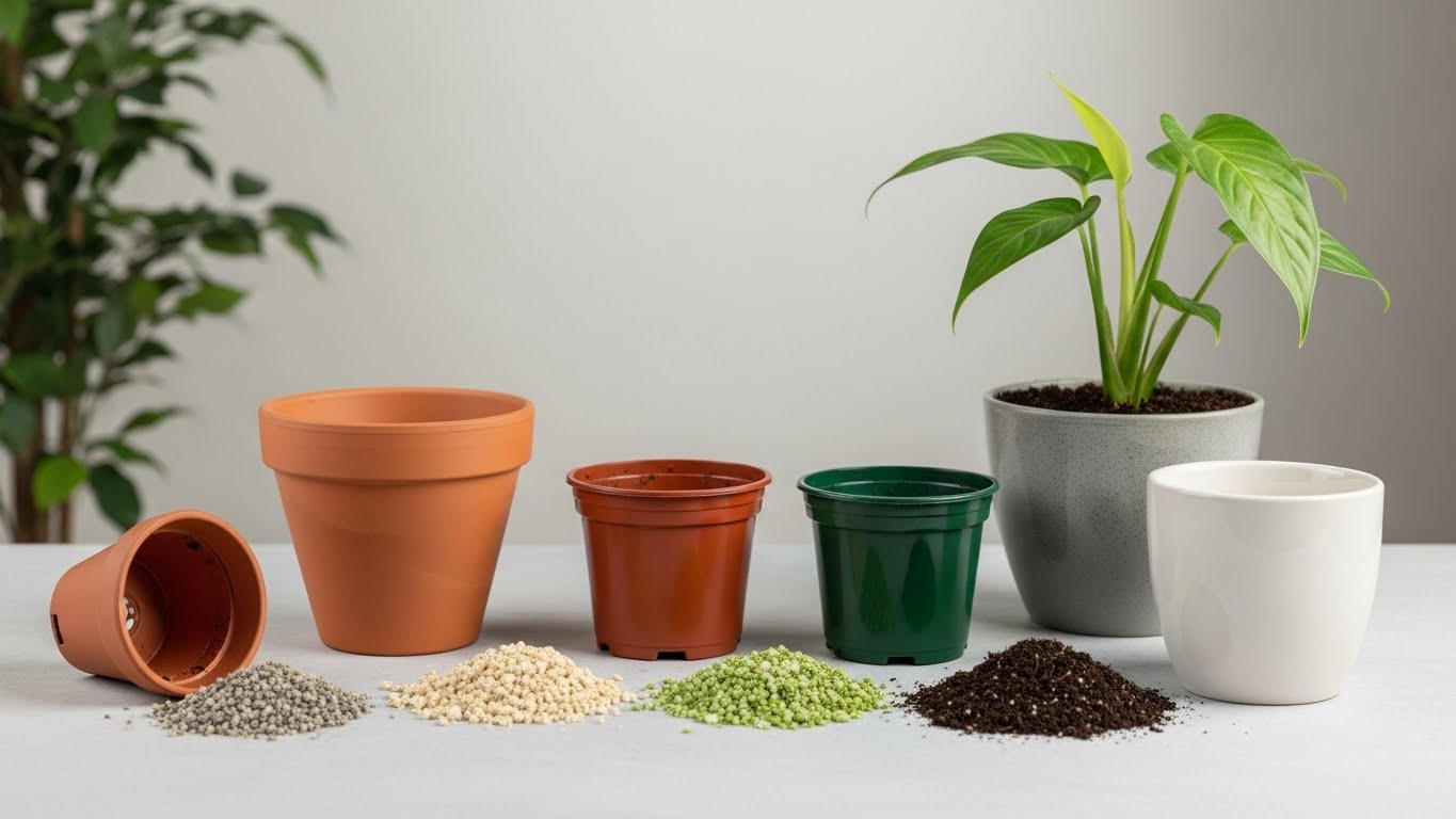 토분과 플라스틱 화분, 세라믹 화분 그리고 배양토와 펄라이트가 함께 배치된 장면. 흙과 화분 선택에 따라 식물 생장이 달라지는 점을 설명하는 대표 이미지.