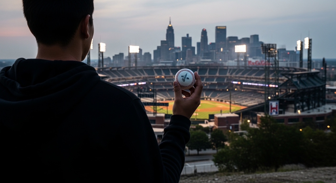 한 사람이 여러 야구장을 배경으로 서서 팀 선택을 고민하는 모습, 새로운 시작을 암시하는 사려 깊은 분위기